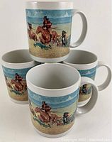 Four white coffee mugs arranged in group, each with colorful Buffalo Runners artwork around the exterior.