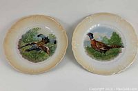 Pair of Victorian era pheasant fowl cabinet plates with embossed floral edge details and pheasant bird illustrations, shown side by side