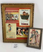 Large wooden framed collage with four vintage soap and towel advertisement postcards
