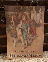 Full shot of the vintage Grape-Nuts print showing the Victorian girl and Saint Bernard dog with the slogan, 'To school well fed on Grape-Nuts'