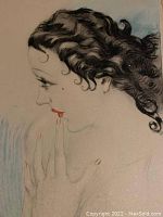 Close-up of the woman's face and hair from the portrait print showing detailed black curls and subtle color accents on lips and background.