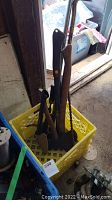 Multiple axes and crowbars standing in a yellow plastic crate. Handles are wood and metal, showing age and rust.