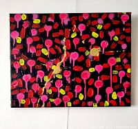 Front view of the original abstract acrylic painting with black background, pink, red, yellow brush strokes, and gold streak.