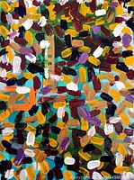Close-up of the front of the painting showing colorful abstract brushstrokes and texture of acrylic paint.