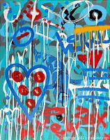 Straight-on view of full canvas showing abstract heart motifs, drips, and graffiti elements