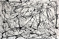Front view of full white canvas with black drip painting