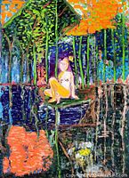 Detailed section capturing texture and color in abstract forest and water reflections with bright orange and green foliage
