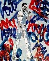Close cropped view showing full figure of Freddie Mercury and spray paint detail