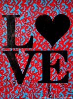 Front view showing entire canvas painting with "LOVE" text and heart symbol on blue and red graffiti background.