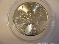 Obverse side of coin with detailed image of a maple leaf, markings include 'CANADA', 'FINE SILVER 1 OZ ARGENT PUR', and purity '9999'.