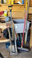 Photo showing three shovels, pick axe, broom, garden rake, and hose reel inside a wooden shed with items on shelves