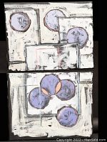 Two abstract oil paintings on canvas by Andrew Mackie showing circular purple shapes and rectangles on textured white and gray backgrounds.