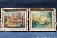 Two framed paintings side by side showing rustic village and waterside town scenes