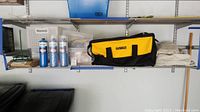 Shelf view showing DeWalt tool bag, propane cylinders, drop cloths, plastic bins with painting supplies.