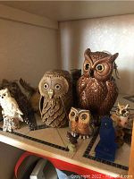 Multiple owl figurines of varying sizes, colors including brown and cream, grouped on a shelf with some textured detail visible.