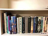 Shelf of assorted books showing a mix of novels and art/travel books, colors and sizes vary