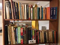 Books arranged on a wooden shelf showing spines with titles including Lonely Planet travel guides, novels, and reference books.