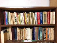 Books arranged on two shelves featuring classic novels with titles and authors visible on spines, showing some wear and vintage style covers.