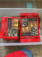 Three boxed sets of multicolor net lights placed inside a clear plastic bin.