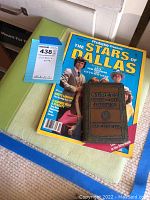 Photo showing the coin bank placed on top of The Stars of Dallas magazine on green surface