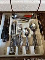 Overview of stainless steel flatware with black and silver patterned handles, including knives and spoons in a white plastic organizer