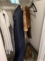 Mink coats, stoles and hangers inside a closet from a distance.