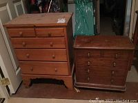 Two wooden dressers shown side by side; left is the natural wood nightstand with 5 drawers, right is the smaller darker mini dresser with 4 drawers.