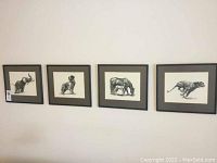 Four framed animal drawings arranged in a row on a wall featuring an elephant, dog, horse, and cheetah.