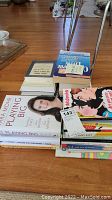 Stack of self-help books on wooden floor, including Playing Big by Tara Mohr, and other assorted titles.
