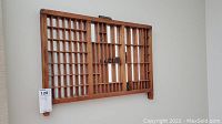 Full front view of the wooden printer's drawer mounted on a wall, showing compartments and overall dimensions.