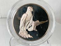 Front of the medallion featuring a detailed depiction of a Marsh Hawk and a flying hawk in high relief, encased in a clear protective holder.