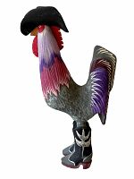 Front three-quarter view of carved and painted wooden chicken wearing cowboy hat and boots