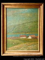 Full front view of the framed oil painting depicting a mountainside landscape with buildings, water, and crescent moon under a cloudy sky.