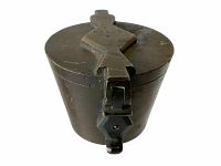 Front angle showing the conical bronze container with lid and distinct hasp clasp mechanism marked on top.