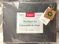 Front packaging of the sheet set showing the brand ENDY, product name, size Full/Double, and 300 thread count 100% organic cotton.