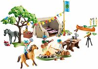 Image showing complete assembled Playmobil 70329 Spirit III Summer Campground set with figures, animals, tent, campfire, canoe, tree, telescope, picnic table and accessories.