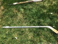 Second full view of signed hockey stick on grass, highlighting the placement of signatures mainly on the blade and shaft.