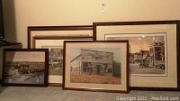 Five framed prints in various sizes, arranged on floor showing overall lot contents