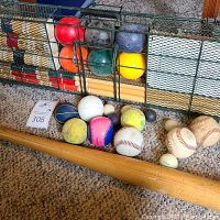 Croquet game set components including mallets, croquet balls of various colors, a metal wire cage, along with miscellaneous sports balls and wooden baseball bat on carpet.