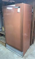 Front view of brownish Sears Coldspot upright freezer with visible handle and vent grille at base