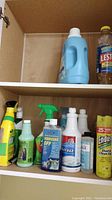 Photo of two shelves inside a cabinet showing various cleaning bottles including Snuggle fabric softener and Endust dust cleaner.