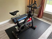 Full side view of black Sunny stationary bike on a black mat, featuring adjustable seat and handlebars, visible water bottle holder and blue step platform in background.