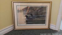 Full view of framed art print depicting two loons on water with rocky background