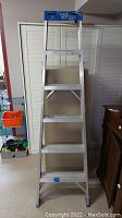 Full view of the 6ft aluminum ladder with six steps and blue top section.