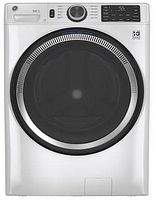 Front view of GE front-load washer with door closed