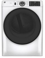 Front view of GE front-load dryer with closed door and control panel