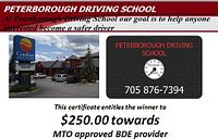 Image showing Peterborough Driving School certificate offering $250 credit towards MTO approved driving course, includes photo of venue and contact information.