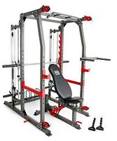 Assembled Smith machine home gym system showing rack, bench, pulleys and accessories