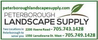 Promotional card/logo for Peterborough Landscape Supply showing company name, two locations and phone numbers