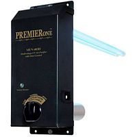Photo of PremierOne MUV-403H multisurface UV air purifier showing black metal casing with control knob and blue UV lamp.